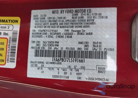 2020 Ford Mustang Gt Premium Fastback from USA, damaged, VIN 1FA6P8CF7L5191661